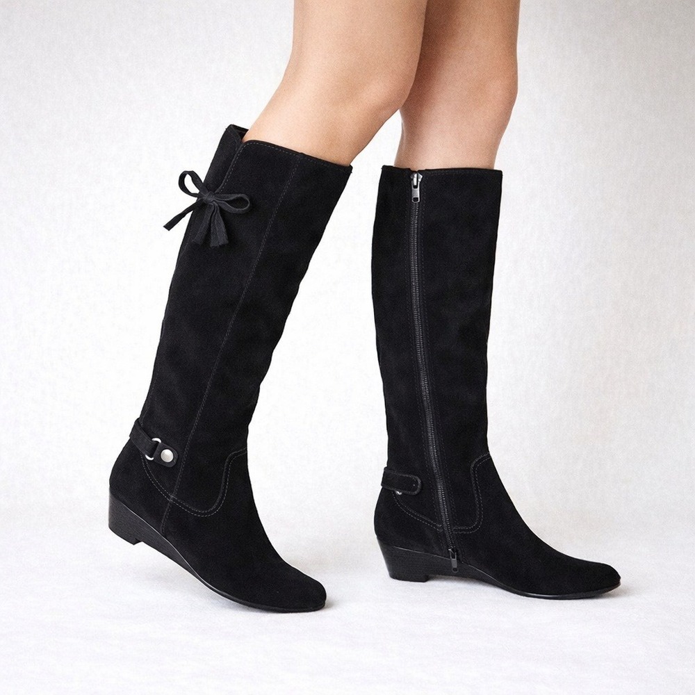 Anne Klein Black Suede Knee High Wedge Boots Size 6 Womens Side Zip Bow Detail